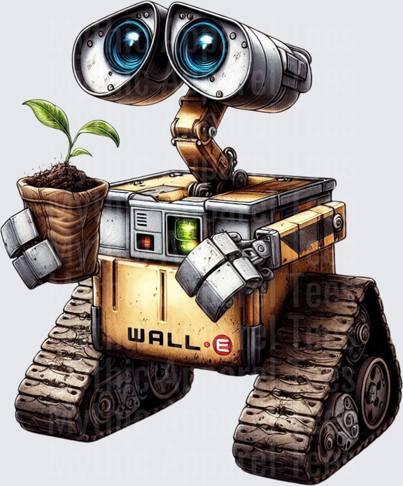 WALL-E Robot Holding Green Plant Seedling in Pot Detailed Illustration