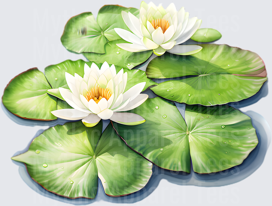 White Water Lily Flowers Floating on Green Lily Pads with Dewdrops