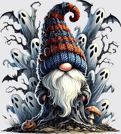 Spooky Halloween Gnome with Knit Hat Surrounded by Ghosts Bats and Jack-o-Lantern
