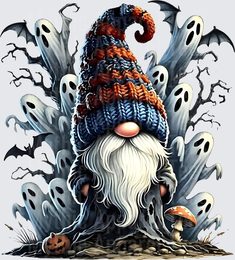 Spooky Halloween Gnome with Knit Hat Surrounded by Ghosts Bats and Jack-o-Lantern
