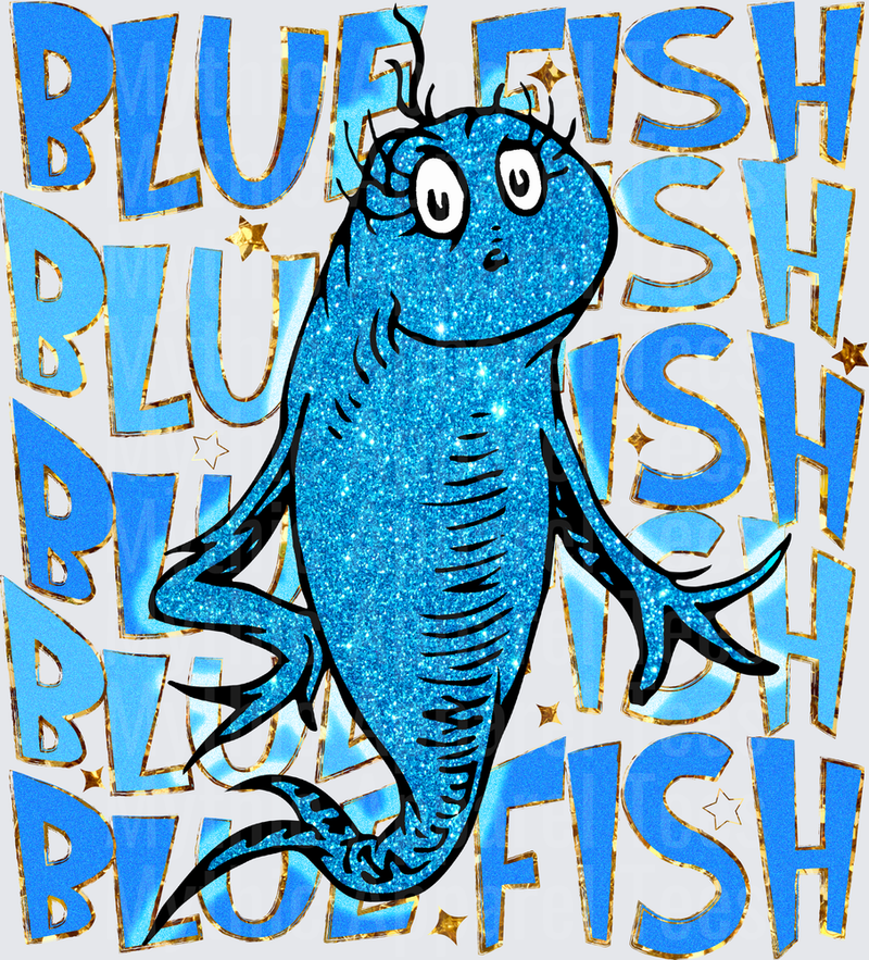 Dr. Seuss Blue Fish Glitter Sparkle Repeating Text Pattern