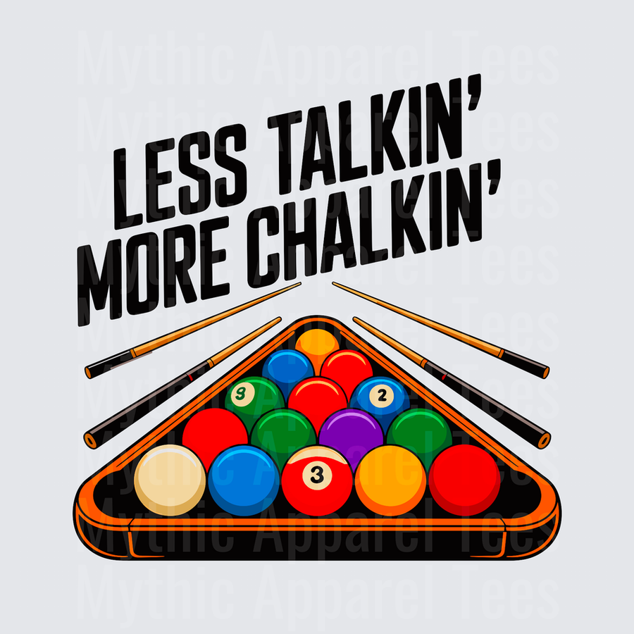Less Talkin' More Chalkin' Pool Billiards Rack and Cue Sticks Funny Quote
