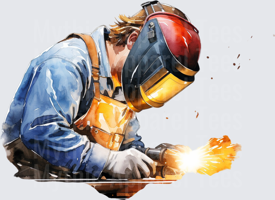 Watercolor Welder With Welding Mask and Flying Sparks Blue Collar Tradesman