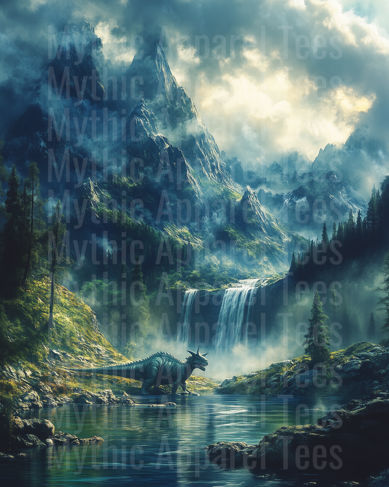 Horned Dinosaur Standing by Misty Mountain Waterfall Prehistoric Wilderness Landscape