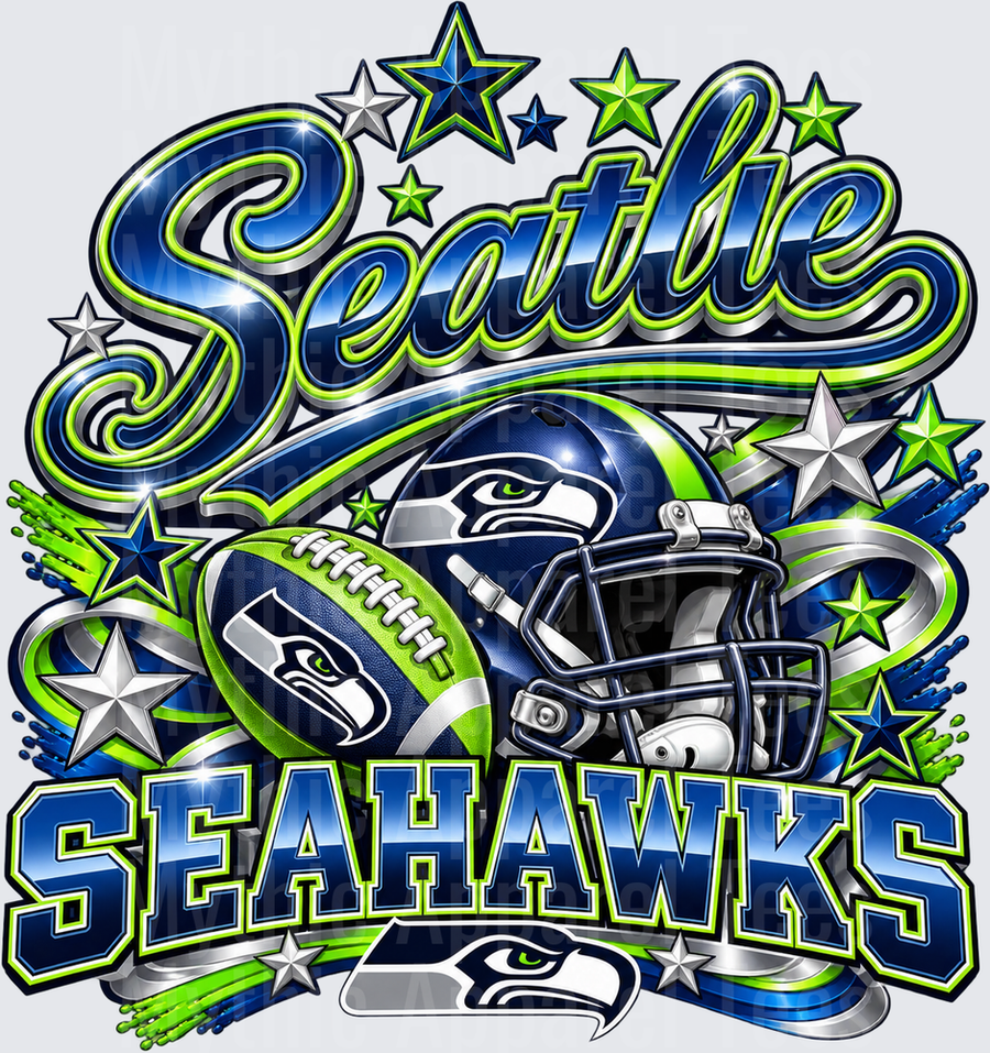 Gradient Polished Style NFL Seattle Seahawks Bold Script Helmet Football and Stars Neon Green Navy Blue Metallic Fan Design