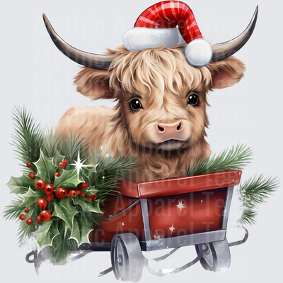 Highland Christmas Cow in Red Wagon with Holly Santa Hat