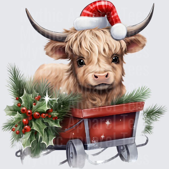 Highland Christmas Cow in Red Wagon with Holly Santa Hat