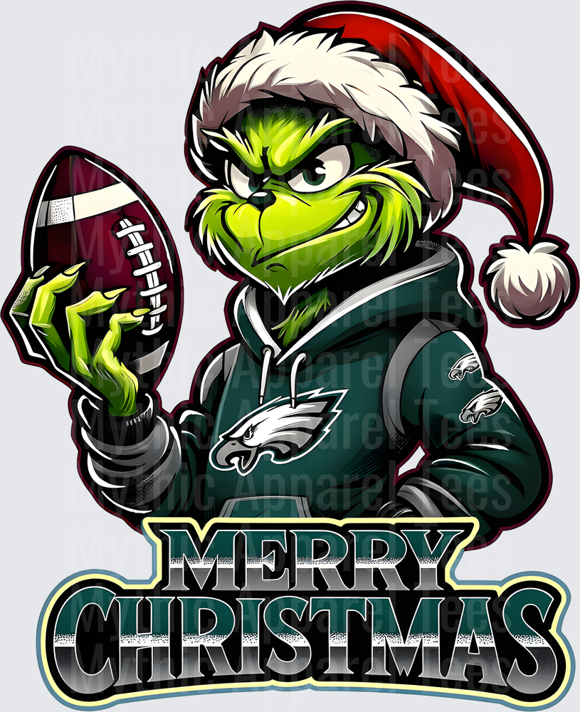 Grinch Santa Wearing Philadelphia Eagles Hoodie Holding Football Merry Christmas