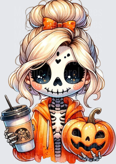 Halloween Gothic Witches Skeleton Girl Messy Bun Starbucks Pumpkin