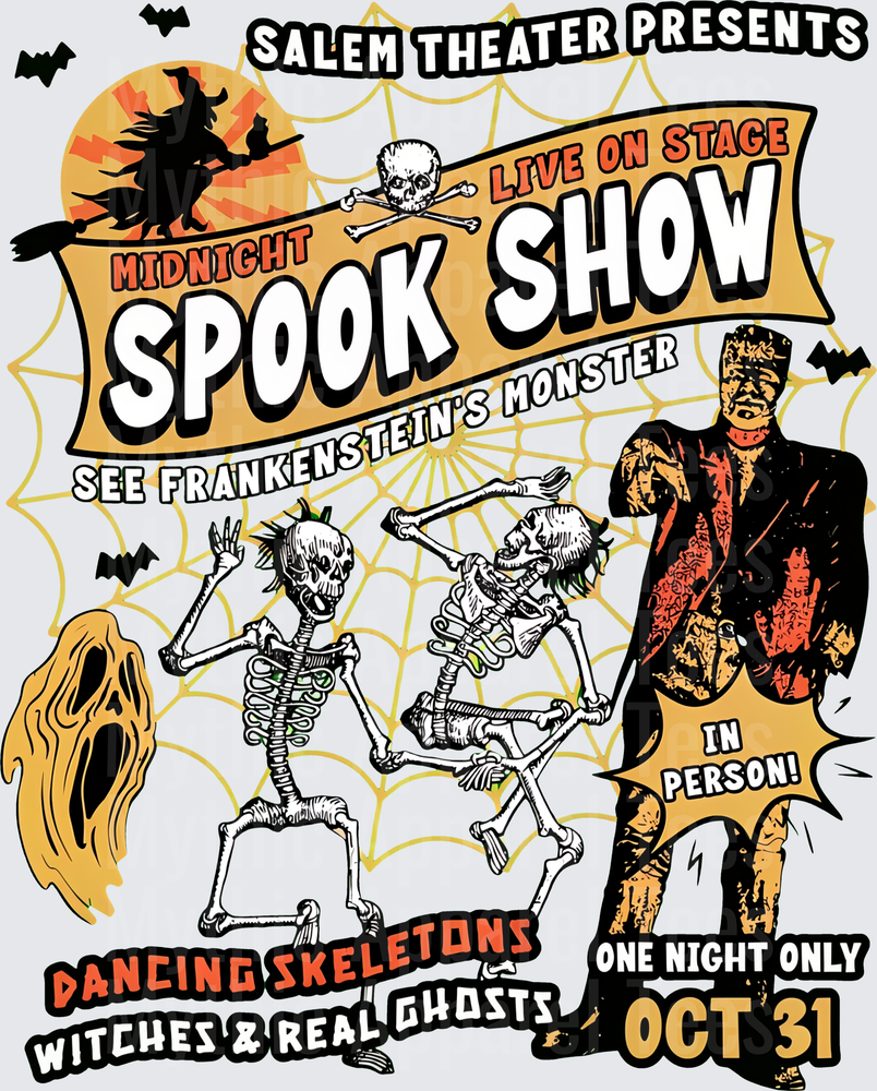 Vintage Midnight Spook Show Halloween Poster with Frankenstein's Monster Dancing Skeletons Witch and Ghost October 31 Retro Horror Carnival