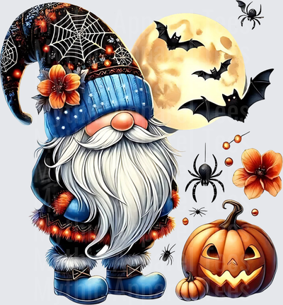 Halloween Gnome with Spiderweb Hat Full Moon Bats Jack-o-Lantern and Spiders