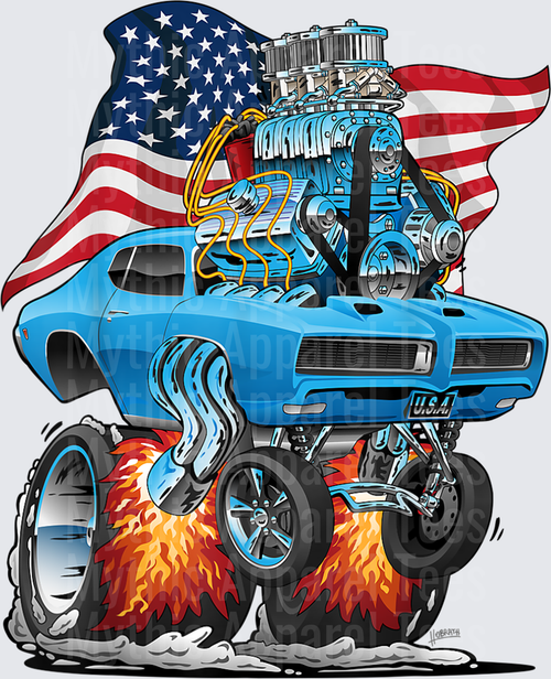 Patriotic 60s Muscle Car Funny Dragster USA Hot Rod Cartoon T-Shirt