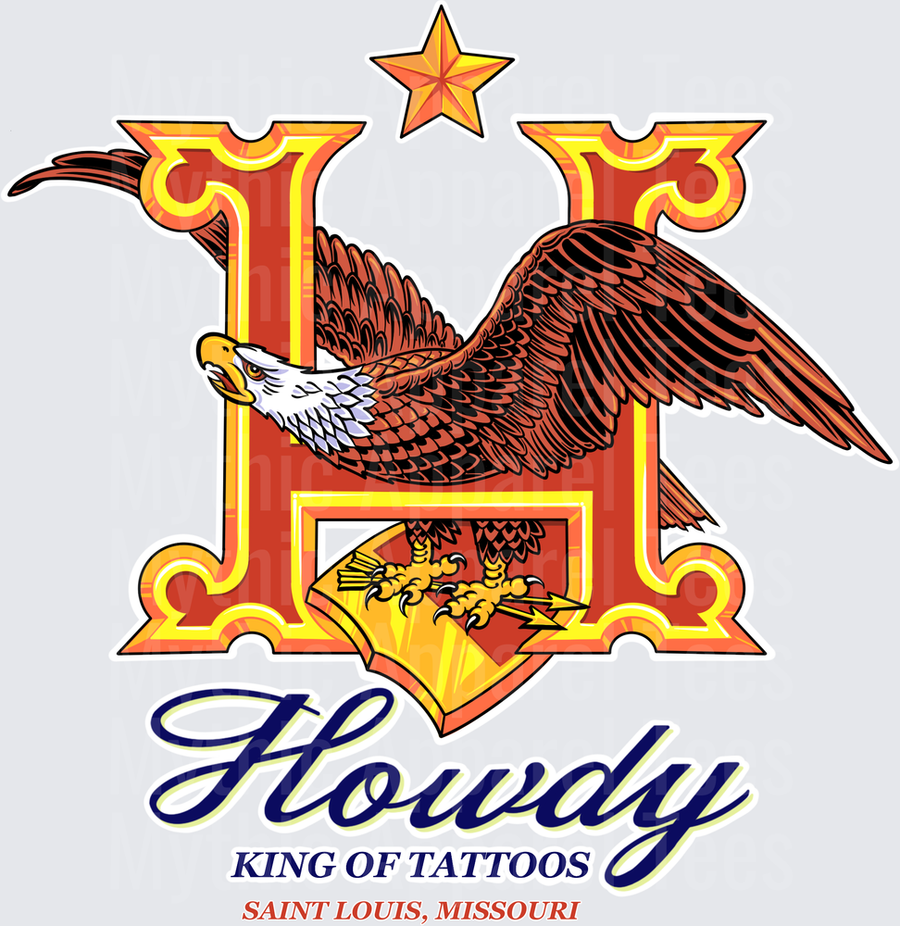 Bald Eagle Clutching Lightning Bolt Shield Over Ornate Letter H with Gold Star Howdy King of Tattoos Saint Louis Missouri