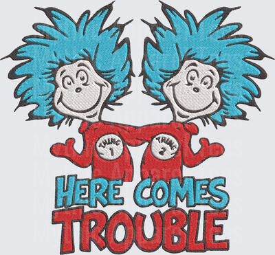 Dr. Seuss Thing 1 and Thing 2 Here Comes Trouble Wild Blue Hair Duo Embroidery Style Design