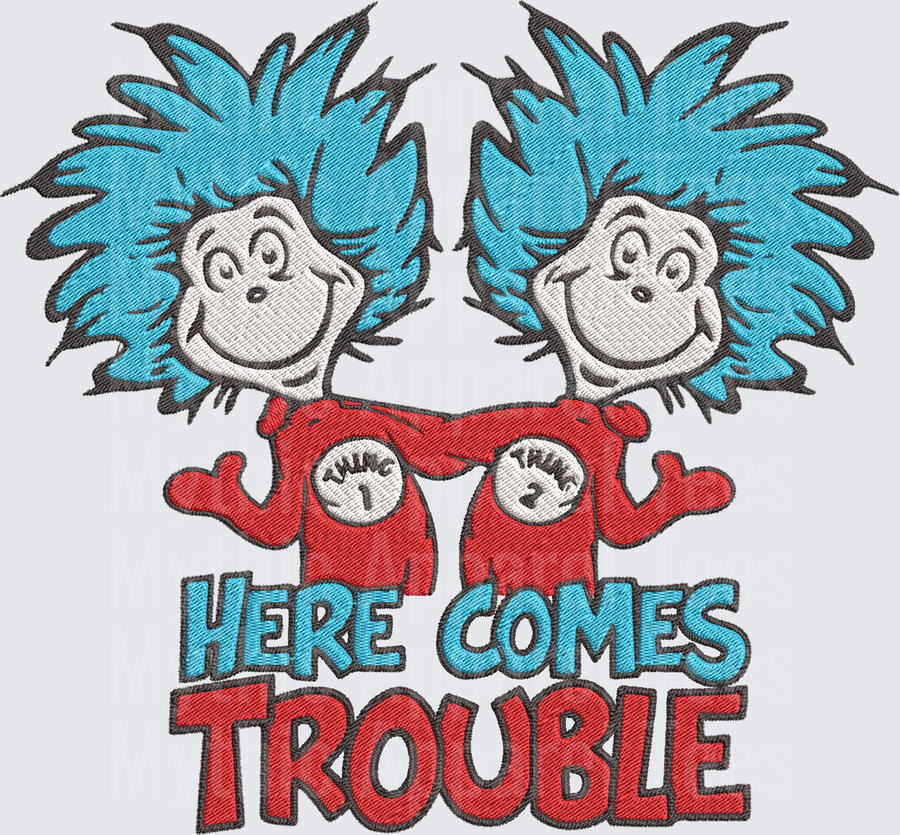 Dr. Seuss Thing 1 and Thing 2 Here Comes Trouble Wild Blue Hair Duo Embroidery Style Design